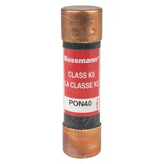 CSA-certified time-delay fuse rated 40 A at 250 V AC. Part of the BUSSMANN PON series. Provides overcurrent protection with time-delay characteristic for handling inrush currents in industrial equipment such as motors, transformers, and lighting circuits.