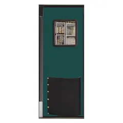 Single-door washdown swinging door with a green textured polyethylene finish. Includes a polycarbonate window and door seals. Designed for environments requiring frequent cleaning with high-pressure hoses, such as food processing and sanitary industrial areas.