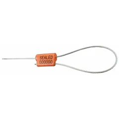 Zinc cable seals with orange body, 12-inch cable length, and 1/16-inch diameter. Black marking reads 'Sealed' with random numbering. Supplied in a 250-pack. Used for tamper-evident sealing of meters, valves, and cargo containers.