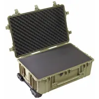 This standard protective transport case from PELICAN features a folding handle and double throw closure. Interior dimensions are 17 1/2 in x 28 5/8 in x 10 5/8 in. Foam options include convoluted, pick and pluck, and solid, allowing custom cushioning for equipment during transport or storage