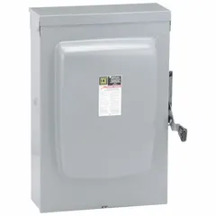 This SQUARE D fusible safety switch is rated for 400 A and 240V AC, single-phase operation. The galvanized steel enclosure allows for indoor or outdoor installation. It serves as a manual disconnect and overcurrent protection for electrical circuits in industrial and commercial applications.