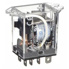 Surface-mounted relay with top flange mounting and octal base. SPDT contact configuration rated 15 A at 110/120V AC, with operating current of 10 A at 110V AC for inductive loads. Plug-in terminal connection. Suitable for industrial control panels and automation systems requiring compact panel-mountable switching.