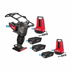 Battery-powered tamping ram and plate compactor delivering 3799 lbf compacting force. Plate dimensions: 13 3/4 in length, 11 in width. Powered by (3) 12.0 Ah batteries. No water tank included. Suitable for compacting soil, gravel, and asphalt in construction and landscaping applications.