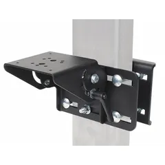 This pillar computer mount is designed for forklifts, attaching to the overhead guard leg. It accommodates computers or tablets and includes a large plate for secure mounting. The black finish is corrosion resistant, making it suitable for industrial environments.