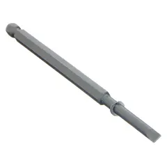 This 5-pack of impact-rated slotted head bits features a hex drive and is constructed from S2 steel. Each bit has a standard industry size of 5F-6R, suitable for driving slotted fasteners in high-torque applications.