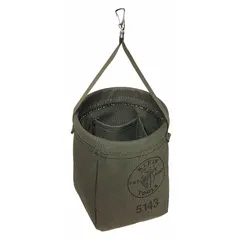 Green canvas bucket bag with open top and two exterior pockets. Single handle includes a snap hook for secure attachment to a ladder or belt. Suitable for carrying hand tools and small parts on job sites.