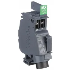 This shunt trip accessory enables remote tripping of PowerPact B and Compact NSXm circuit breakers. It operates at 24V AC and is used in electrical distribution systems where remote disconnection or emergency shutdown is required.