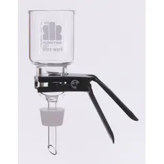 This 47 mm diameter microfiltration assembly is constructed from aluminum, borosilicate glass, fritted glass, and silicone. It includes a stopper and is used in laboratory filtration processes for separating solids from liquids or collecting particulate samples.