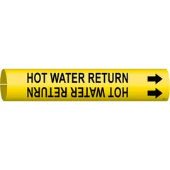Yellow snap-on pipe marker with black legend 'Hot Water Return' and directional arrows. Fits pipe outer diameters from 2-1/2 to 3-7/8 inches. Used to identify hot water return lines in industrial piping systems, aiding compliance with pipe-labeling standards.