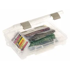 Clear plastic compartmented box with fixed dividers for organizing small parts. Features a latch closure. Not electrostatic discharge conductive. Suitable for workshops, garages, and general storage where ESD protection is not required.