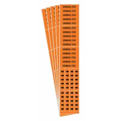 Orange adhesive pipe markers with black 'Chemical Feed' legend and arrows. Each pack contains 3 markers fitting 3/4 in and smaller pipe O.D. Used to identify chemical feed lines in industrial piping systems.