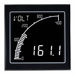 DC current digital panel meter with shunt input, 9-digit LCD display (green, high-contrast), and 0.1% accuracy. Features RS-485 interface, internal removable terminal blocks, and NEMA 4 enclosure. Operates on 12-24 V AC. Used for precise current measurement in industrial control panels and power distribution systems.