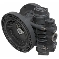 Center body assembly for NDP Series diaphragm pumps. Constructed of polypropylene for chemical resistance. Serves as the central housing that aligns and supports internal pump components. Suitable for fluid handling applications.