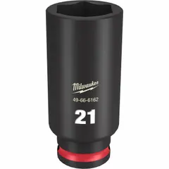 This 3/8" drive deep impact socket features a 21 mm metric, 6-point configuration with friction retention for secure attachment to impact wrenches. The deep profile allows access to recessed fasteners. Suitable for fastening and loosening bolts and nuts in automotive, construction, and industrial maintenance applications.