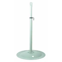 Steel pedestal base with a 27-inch diameter and powder-coated gray finish. Includes assembly hardware. Designed for supporting industrial fans in commercial and industrial settings.