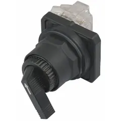 30 mm panel-mounting selector switch with a long-handled knob and non-illuminated plastic operator head. Features maintained/maintained action with two On positions, an E cam, and a non-metallic bezel. AC contact rating is 10 A @ 600 V; DC contact rating is 0.1 A @ 600 V. Suitable for industrial control circuits requiring two maintained On positions, such as machinery control panels and conveyor systems.
