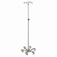 Standard IV pole constructed from stainless steel for corrosion resistance and ease of cleaning. Equipped with 4 hooks to support multiple intravenous fluid bags. Suitable for use in medical environments requiring a stable, mobile solution for fluid delivery.