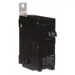 Single-pole miniature circuit breaker rated 35 A at 120/240V AC, with a maximum interrupting rating of 10 kA. Part of the BL Series, it is designed for bolt-on installation in Siemens P1 panelboards. Provides overcurrent protection for single-phase branch circuits in residential and light commercial applications.