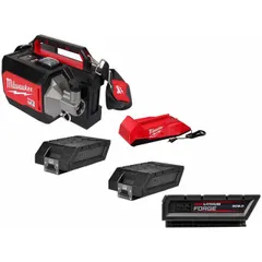 Cordless concrete vibrator kit operating on 72V DC power. Includes one vibrator, two 6.0 Ah and one 8 Ah batteries, with a 21 ft length and 2 1/2 in diameter. Handheld design with battery indicator. Used for consolidating freshly poured concrete to remove air pockets and ensure uniform density in slabs, walls, and foundations.