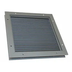 This Dayton door louver is constructed from steel with a gray primer finish. It has a rough opening size of 12 1/2 inches high by 18 1/2 inches wide. Designed for installation in doors to provide passive ventilation in commercial or industrial settings such as mechanical rooms, storage areas, or equipment enclosures.