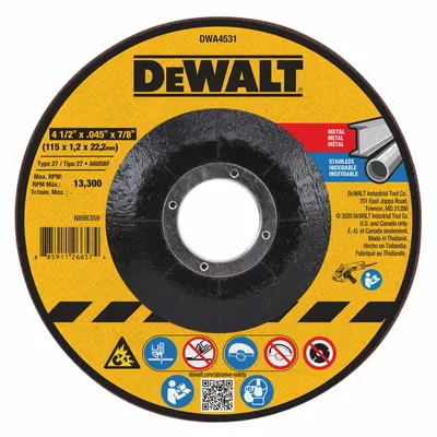 DEWALT Depressed Center Cut-Off Wheel: Type 27, 4 1/2" x 0.045" x 7/8", Aluminum Oxide - General Purpose Cut-Off Wheels for Carbon & Stainless Steel
