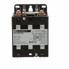 This SQUARE D definite purpose contactor is a 2-pole, single-phase, non-reversing unit rated 90 A at 600V AC. It features a 2NO main pole contact form and a 110/120V AC coil. Box lug terminals are provided for wiring. Typical applications include switching loads in HVACR equipment such as air conditioning, refrigeration, and heating systems.