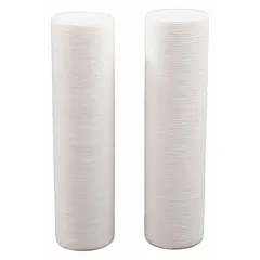 Solid water filter cartridge with polypropylene filter media. Flow rate of 8 gpm and overall height of 10 inches. Suitable for sediment reduction in commercial and residential water filtration systems. Sold as a 2-pack.