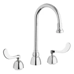 Cast brass widespread deck-mounted faucet with two handles. Suitable for kitchen or bathroom installations requiring a high-arc spout for filling large containers or handwashing.