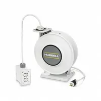 Self-retracting cord reel with ratchet lock mechanism for controlled cord extension and retraction. Includes 45 ft of 12 AWG SJO cable with a NEMA 5-20P feeder plug and a NEMA 5-20R retractable receptacle. Suitable for managing power cords in workshops, warehouses, and maintenance areas