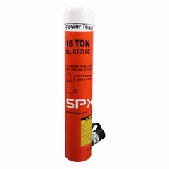 Single-acting hydraulic ram with 15 ton nominal capacity and 10 in nominal stroke length. Suitable for lifting, pressing, and pushing tasks in industrial maintenance, repair, and fabrication operations.