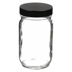 Clear wide mouth round glass bottle with colorless body, 125 mL capacity, and 48-400 mm screw closure. Closure is phenolic with pulp/vinyl cap liner. Not graduated and not pre-cleaned. Suitable for general laboratory storage of reagents, samples, and chemicals.