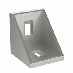 Aluminum inside corner bracket for 20 Series structural framing. Measures 18 mm x 18 mm x 18 mm, fits 5 mm slot width, and has 2 holes. Unfinished finish. Used to join two profiles at a 90-degree inside corner in machine frames, workstations, and guarding systems.