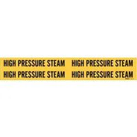 Yellow adhesive pipe marker with black legend reading 'High Pressure Steam'. Fits pipe outer diameters from 3/4 to 2-3/8 inches. Set includes 4 markers without arrows. Used for identifying high-pressure steam lines in industrial piping systems