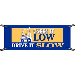 Polyethylene banner with one printed side, measuring 48 in x 120 in. Suitable for indoor and outdoor use in warehouses, loading docks, and industrial facilities to promote safe forklift operation.