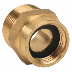 This brass rigid adapter connects a 3/4 in GH thread to a 1 in NPT pipe. It features a straight configuration and hex body for wrench tightening. Used in fire hydrant and standpipe systems to provide a secure water supply connection.