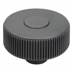 Knurled knob with a threaded hole, 63 mm diameter, M10 stainless steel thread, 14 mm thread length, gray plastic body. Used for manual adjustment and clamping on machinery, jigs, and fixtures.