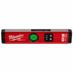 This 14-inch digital level provides angle and level measurements with accuracies of ±0.10° and ±0.03°. It includes batteries and is suited for general leveling and angle measurement tasks in construction, carpentry, and installation work.