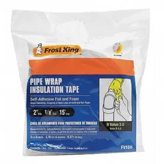 Silver-colored insulation tape with foil-scrim-kraft facing. Measures 15 ft long, 2 in wide, and 130 mil thick. Used to insulate pipes in plumbing and HVAC systems to reduce heat loss and prevent condensation.