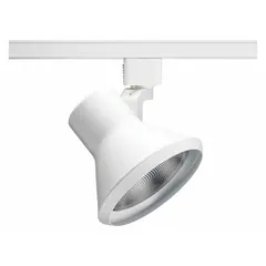 Incandescent flared track head with a white housing. Rated for 75 W, with a diameter of 4 7/8 in and length of 3 3/4 in. Suitable for accent or directional lighting in track systems for retail displays, galleries, or task lighting.