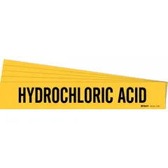 Yellow adhesive pipe marker with black legend text reading 'Hydrochloric Acid'. Fits pipe outer diameters from 2-1/2 to 7-7/8 inches. Sold in packs of 5. Used to identify pipes carrying hydrochloric acid in industrial piping systems, aiding in hazard communication and safe maintenance.