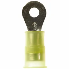 Yellow nylon-insulated ring terminal for #6 stud size, accepting 12 AWG to 10 AWG wire. Rated for 1,000 V. Used to terminate wires in control panels, machinery, and power distribution systems requiring secure, insulated connections.