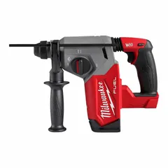 This 18V DC cordless rotary hammer features an L-shape design and accepts SDS-Plus bits up to 2-1/2 inches maximum. It operates at 0-4,800 bpm and is supplied as a bare tool without battery or charger. Typical applications include drilling and chiseling in concrete, masonry, and stone for tasks such as anchoring, demolition, and through-hole drilling.