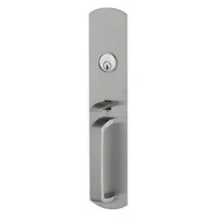 Trim and handle set for rim-type exit push bars. Provides secure latching and handle operation on commercial doors. Satin chrome finish (US26D). Suitable for high-traffic applications requiring safe egress and access control.