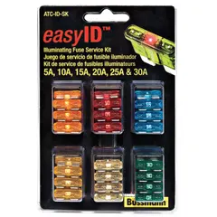 This fuse kit contains BUSSMANN Series ATC-ID automotive fuses covering a 5 A to 30 A range. No tool is included. It is used for replacing blown fuses in vehicles, trucks, and fleet equipment to protect electrical circuits.