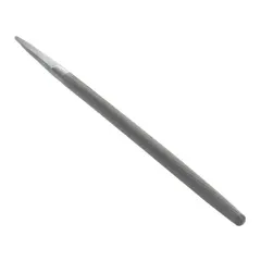 This round file features a double-cut, bastard cut pattern with a safe edge and natural finish. It measures 10 inches in length without tang and tapers toward the point. Suitable for general material removal, deburring, enlarging holes, and shaping curved surfaces in metalworking and fabrication tasks.
