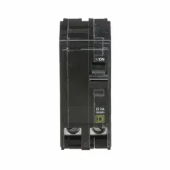 Plug-in miniature circuit breaker for overcurrent protection in branch circuits. Rated 25 A, 120/240V AC, single phase, with a maximum interrupting rating of 22kA at 120/240V AC. Two-pole design for use in QO Load Centers and NQ Panelboards.