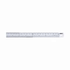 Stainless steel ruler with etched graduations in 1/16 in and decimal scales. Features a clear, horizontal, outside-read design with a rigid square edge. Includes a protective pouch. Suitable for precision linear measurement, layout work, and checking outside dimensions in machining, metalworking, and quality inspection.