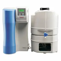 This benchtop reverse osmosis system produces Type III water from a tap water feed source. It operates at 230V AC and removes bacteria, delivering a flow rate of 12 L/hr. The unit features a 3/4" NPT feed connection and is suitable for general laboratory applications such as glassware rinsing and feed to other purification systems