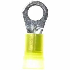 Nylon-insulated ring terminal rated for 1000 V, accepting 4 AWG wire and fitting a 3/8 in stud. Used for secure electrical connections in power distribution, control panels, and heavy equipment wiring.