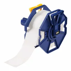 Acrylic label roll with aggressive/permanent adhesive, 500 inkjet print-receptive labels per roll. Compatible with Brady J7300 printer series. Used for industrial identification, asset tracking, safety signage, and cable marking.